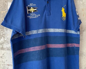90S Vintage Polo Ralph Lauren Big Pony Collar Blue Yellow T -shirt