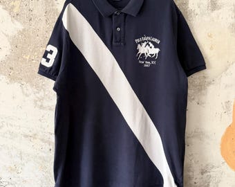 90S Vintage Polo Ralph Lauren Big Logo Pony Striped #3 Blue White