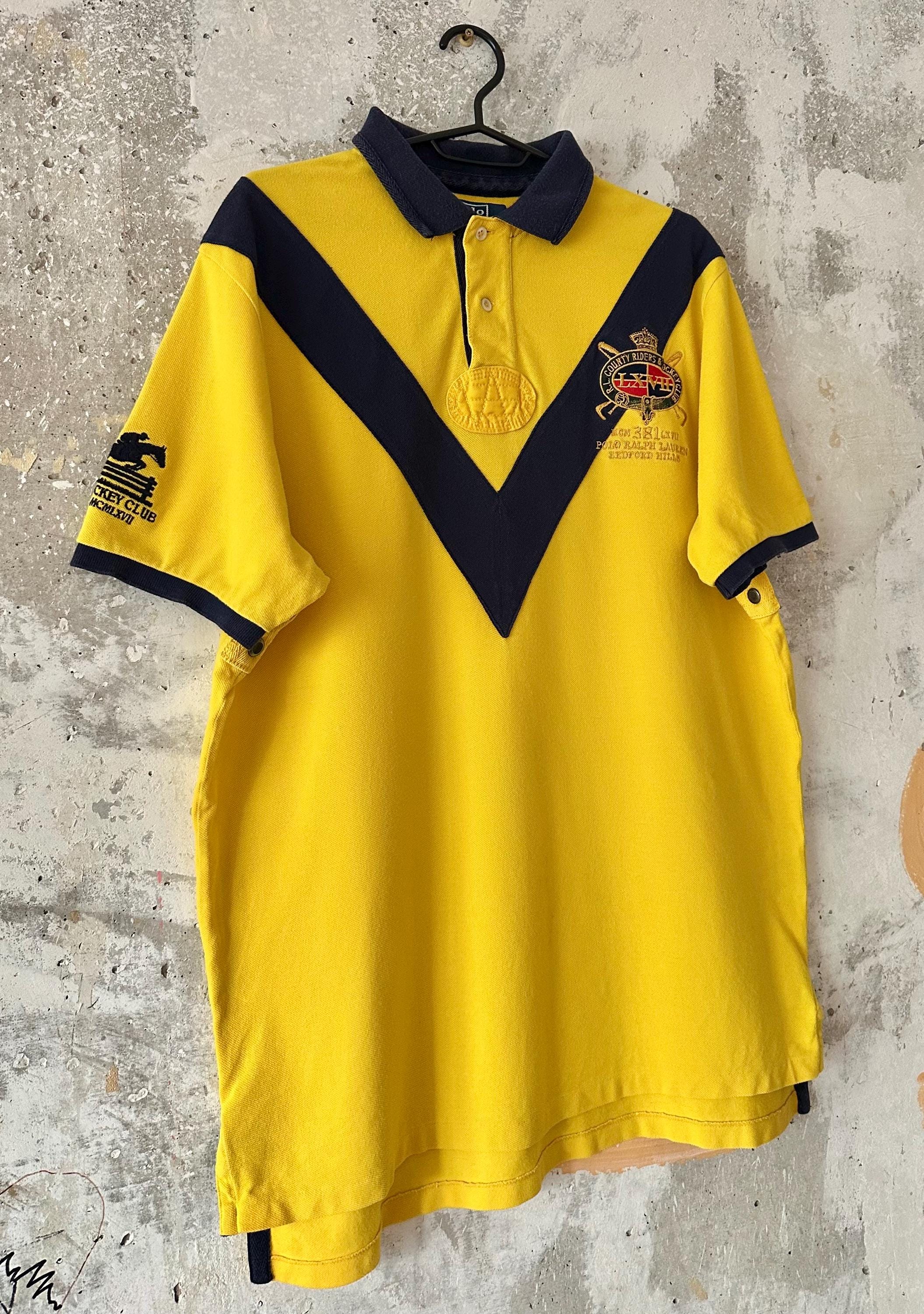 90S Vintage Polo Ralph Lauren Yellow Black Big Logo Rugby T-shirt