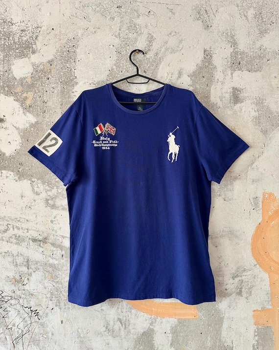 90S Vintage Polo Ralph Lauren Big Logo ITALY Blue T-shirt Size L