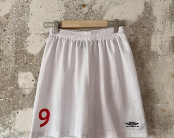 90S Vintage Classic Umbro Striped Monogram Big Logo #9 Light White Soccer Shorts Size S Y2K Style