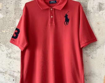 90S Vintage Polo Ralph Lauren Red Big Pony Collar T-Shirt Size L