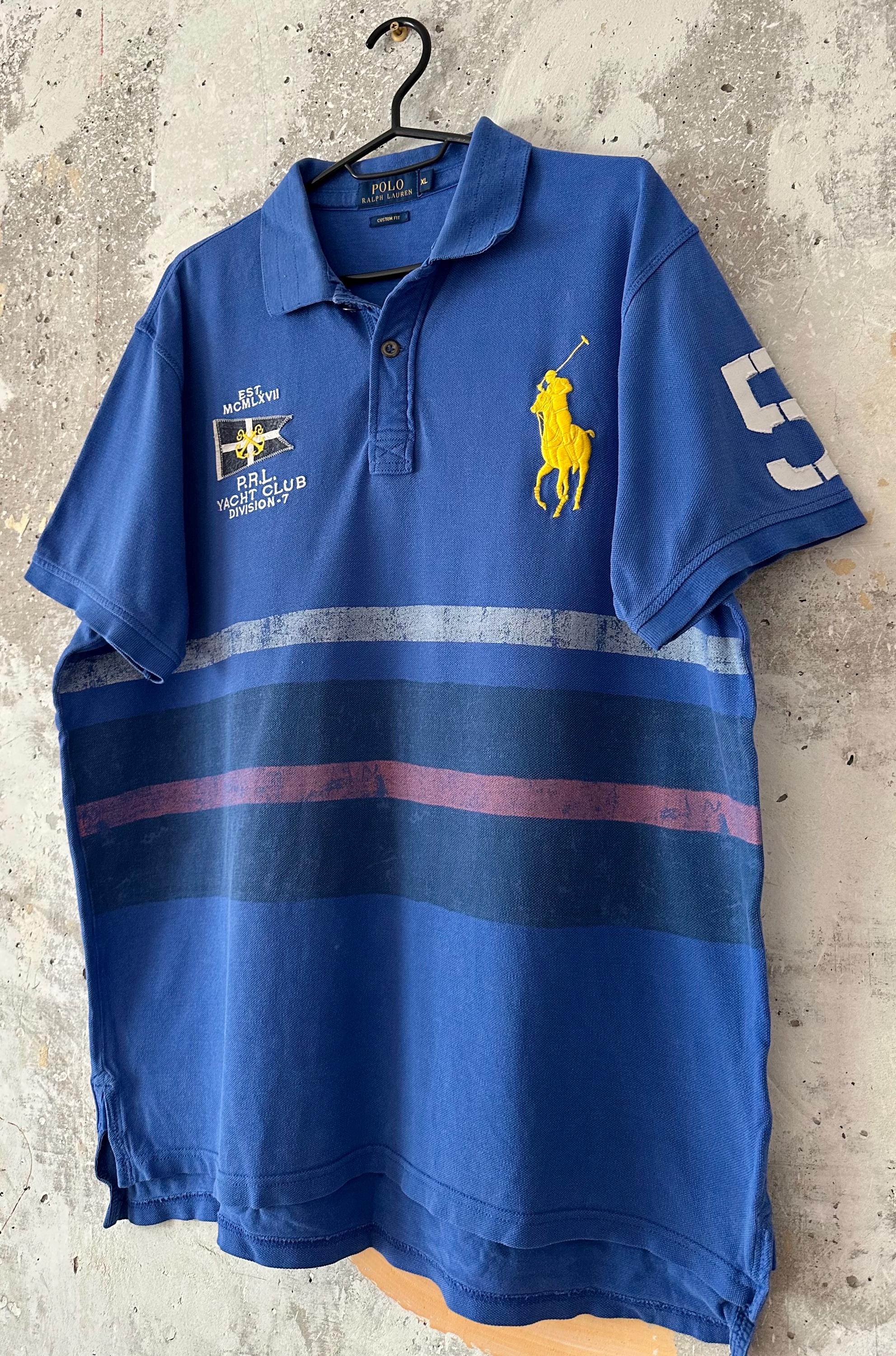 90S Vintage Polo Ralph Lauren Big Pony Collar Blue Yellow T -shirt
