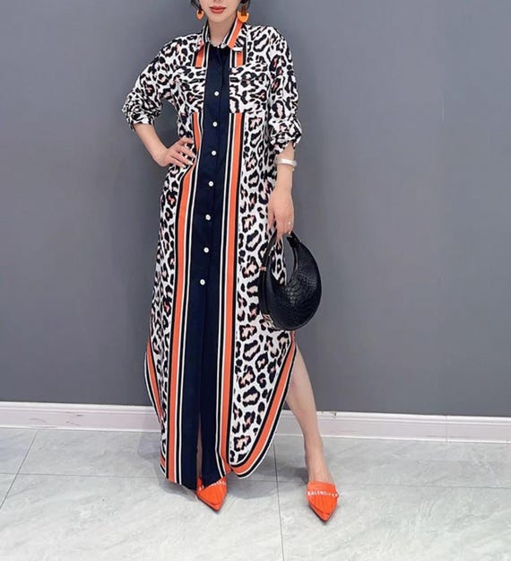 Pleated Leopard Print Long Sleeve Lace-up Dress - Etsy Pleated Leopard Print Long Sleeve Lace-up Dress - Etsy