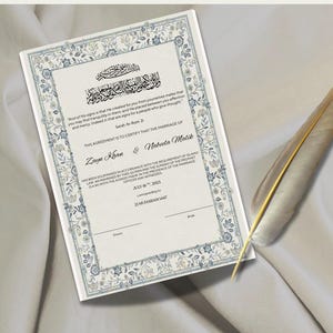 Blaue Blumen elegante islamische Nikkah Zertifikatsvorlage | Muslimische Heiratsurkunde | Druckbares Nikah-Dokument | Personalisierbar