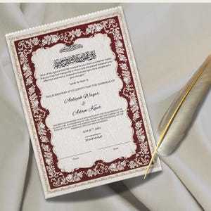 Plantilla de certificado Nikkah islámico elegante vintage rojo regio / Certificado de matrimonio musulmán / Documento Nikkah imprimible / Personalizable