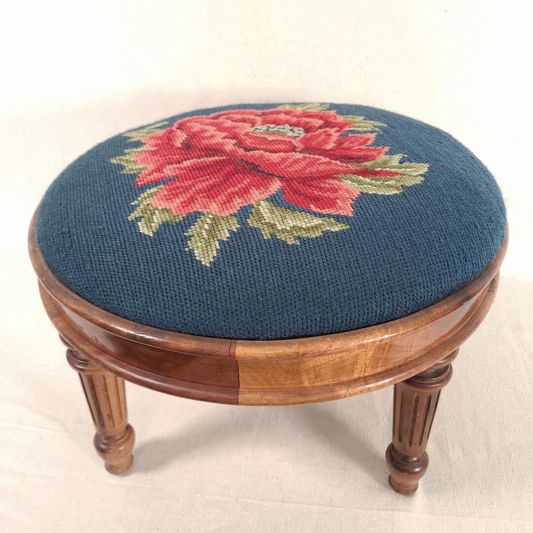 Vintage Needlepoint Stool, Round Four-legged Foot Rest, Cute Small ...
