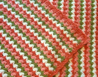 Crochet striped throw blanket, vintage handmade lap blanket, pink green white coverlet, watermelon colors afghan, scalloped edge blankie