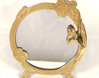 Vintage vanity mirror, Lady of the Lake, freestanding round brass looking glass, golden Greek goddess, metal circular footed floral frame
