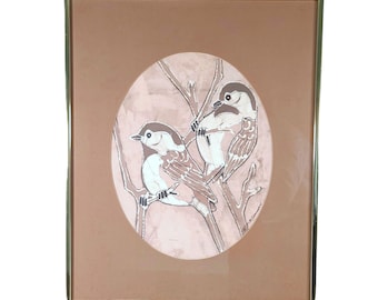 Original batik bird artwork, vintage framed matted textile, two chickadees, brown white color scheme, love birds pair, neutral nursery decor