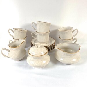 1970s tea set, vintage set of 6 six Baroque Hearthside stoneware, plain tan speckled ceramic teacups & saucers with creamer, sugar pot, bowl