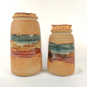 Pair stoneware cannisters w/ corks, vintage studio pottery set, handmade ceramic vessels, southwestern style urns, earthy color palette pots