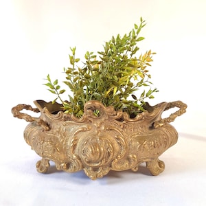 May include: Ornate, antique-style gold planter with intricate relief detailing and two handles. The planter is filled with green foliage, creating a decorative display. The planter is approximately 12 inches long.