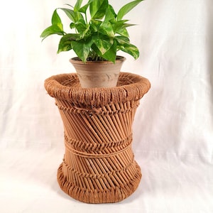 Bamboo house plant stand, vintage rattan display riser, boho seagrass hourglass shaped side table, 1970s woven wicker small round stool