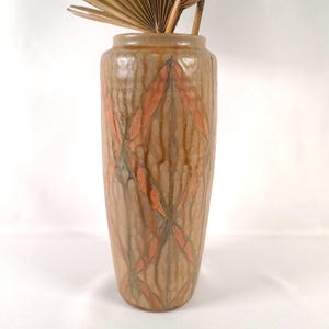 12" green & terra cotta vase, vintage tall studio pottery, handmade thrown ceramic vessel, midcentury modern urn, large geometric design pot