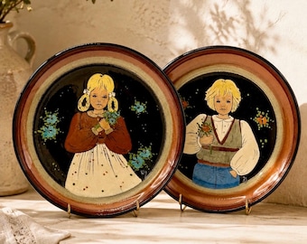 Vintage Hand-Painted Swiss Ceramic Plates | Brown Rim Folk Art Pottery | 1970s Swiss Plate Set of 2