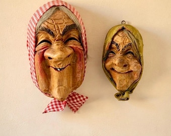 Vintage Swiss Witch Wall Masks | Hand-Carved Wooden Halloween Folk Art | Fasnacht Witch Decor | Choose One