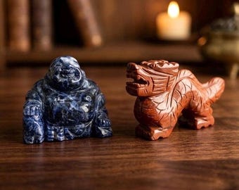 Sodalite Buddha & Jasper Dragon Figurines | Gemstone Carvings | Feng Shui Spiritual Decor | Gift with Variations
