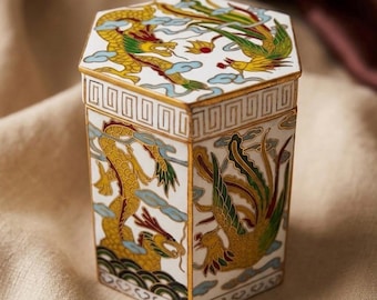 Vintage Hexagon Cloisonné Trinket Box | Dragon & Phoenix Decor