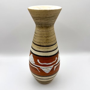 West Germany Vase | Vintage 1970s Ceramic Pottery | Striped Terracotta & Cream with Raised Abstract Motif | Mid-Century Modern