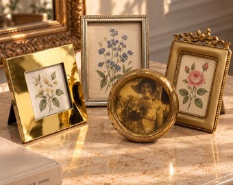 Vintage Miniature Gold Picture Frames | Ornate Convex Glass, Bow & Brass | Single or Set