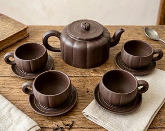 Vintage Yixing Clay Tea Set | Marked Chinese Zisha Teapot & 4 Cups with Saucers | Handcrafted Brown Gongfu Tea Set