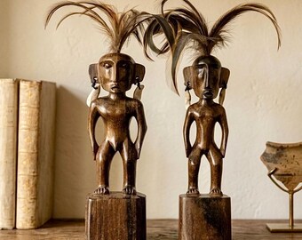 Vintage Hand Carved African Wood Figurines Pair | Male & Female Tribal Sculptures with Feather Headdresses | Ethnographic Boho Decor