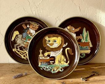 Vintage Swiss Zahner Hand Painted Ceramic Plates | Whimsical Animal Wall Plates | Folk Art Pottery Décor Variations