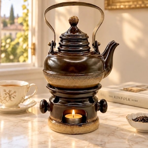 Vintage Staffel Stoneware Teapot & Warmer | 1960s West German Pottery | Brown Ceramic Tea Kettle | Brass Handle