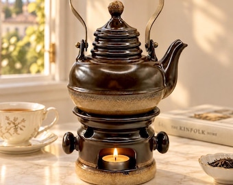 Vintage Staffel Stoneware Teapot & Warmer | 1960s West German Pottery | Brown Ceramic Tea Kettle | Brass Handle