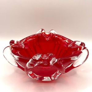 Red Murano Crystal Bowl - Handcrafted Ruby Red Murano Bowl - Italian Art Glass Mid-Century Decorative Dish - Mouthblown Crystal Candy Jar