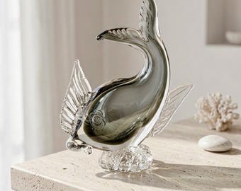 Vintage Murano Glass Fish Sculpture | Italian Smoky Gray Art Glass Figurine | Mid-Century Modern Coastal Decor