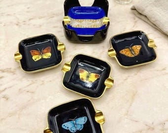 Vintage Butterfly Trinket Dish Set | Hand Painted Black & Gold Ceramic Ashtray Set of 5 | Vanity Catchall Decor