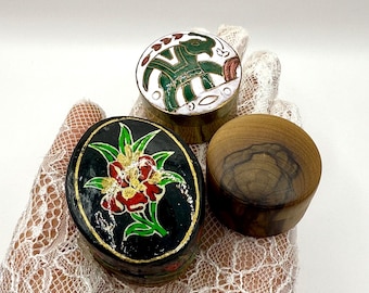 Vintage set houten en messing snuisterijen | Handgeschilderde bloemenolifant sieraden opberger