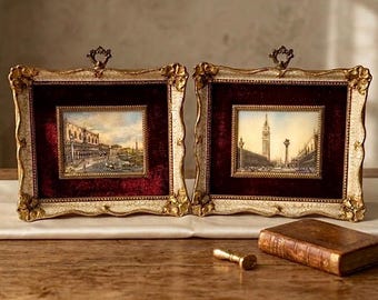 Vintage Venetian Miniature Paintings Set | Ornate Gilt Frames, Red Velvet Wall Decor