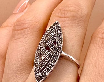 Vintage Sterling Silver Marcasite Ring | Art Deco Navette Statement Ring | 925 Silver Cocktail Ring