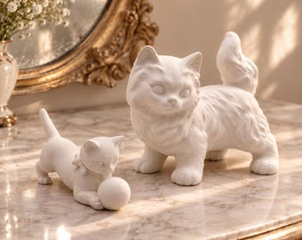 Vintage White Bisque Cat Figurines | Hand-Finished Ceramic Kitten with Ball & Fluffy Cat | Cottagecore Cat Decor