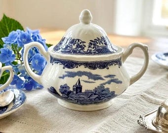 Vintage Royal Tudor Ware Sugar Bowl with Lid | Olde England Staffordshire Blue Transferware | English Porcelain Lidded Dish