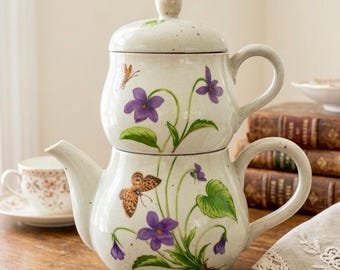 Set da tè vintage per una persona / Servizio da tè in ceramica con fiori e farfalle / Servizio da tè in gres stile cottagecore, idea regalo