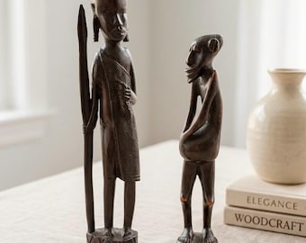 Vintage Hand-Carved Wooden Figures Pair | African Folk Art Warrior Elder Sculptures