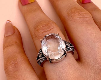 Vintage Sterling Silver Quartz Ring | Marcasite Statement Ring with Diamond-Cut Clear Quartz | 925 Silver Cocktail Ring