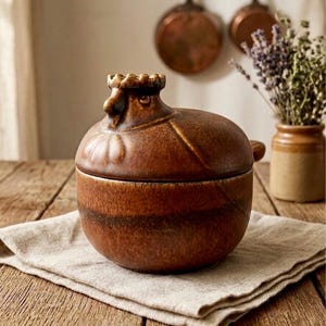 Vintage Melitta Friesland Ceramic Pot, Sculptural Rooster Lid, Rustic Farmhouse Kitchen Decor