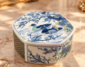 Vintage Porcelain Trinket Box | Attributed to Toyo Japan | Blue White Duck & Blossom Jewelry Box | Gold Chinoiserie Vanity Decor