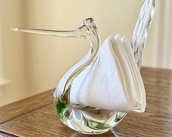 Vintage Handmade Crystal Bird Figurine Napkin Holder | Elegant Mouthblown Glass Heron Sculpture