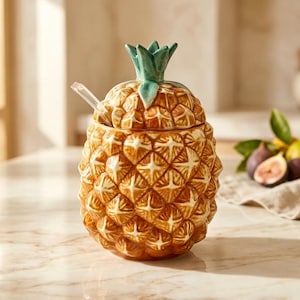 Puede incluir: Un tarro de cerámica con forma de piña y tapa extraíble con hojas verdes en la parte superior. El cuerpo del tarro tiene un patrón de diamantes texturizado en color marrón dorado. Una pequeña cuchara de acrílico transparente está insertada.