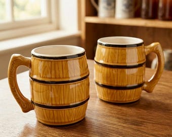 Vintage Schramberg Barrel Beer Mugs | German Ceramic Stein Set | Faux Woodgrain Tankards (Single or Pair)