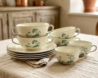 Vintage Fürstenberg Porcelain Soup Bowls & Cups Set | Hand-Painted Green Landscape German Tableware