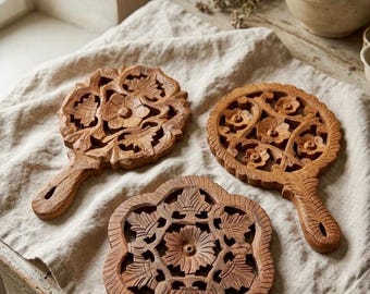 Hand Carved Wooden Trivet | Floral Boho Kitchen Decor, Hot Pot Holder (Left/Middle/Right)
