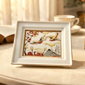 Vintage Porcelain Bird Tray | Chinoiserie Vanity Dish, Gold Rim Trinket Tray, Romantic Spring Decor
