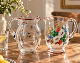 Vintage 1970s Hand Painted Glass Pitcher | Hand Blown Floral Jug | Austrian Rattenberg Style Art Glass